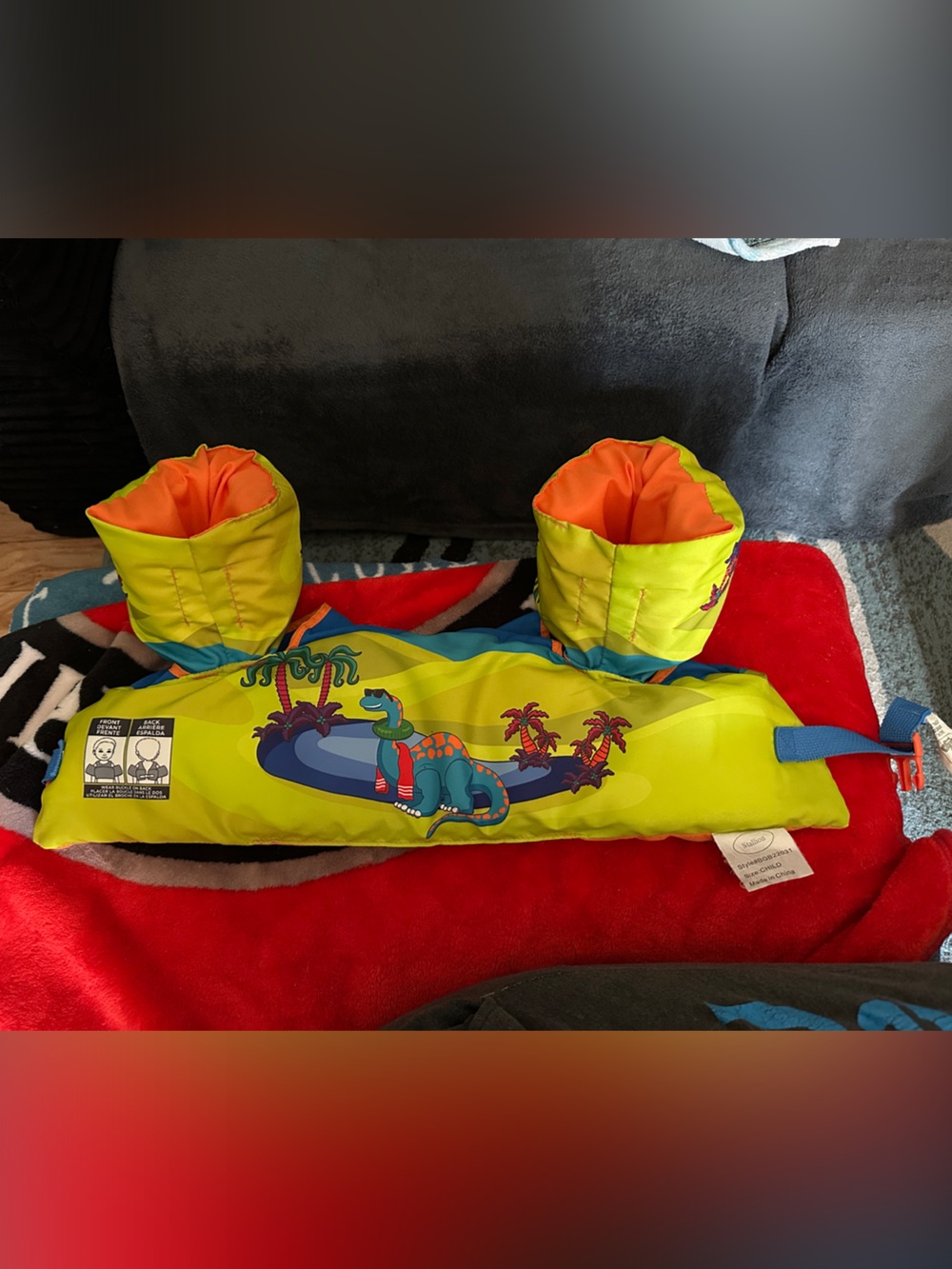 Kids Inflatable Swim Arm Float Vest - lime green with Orange Sleeves